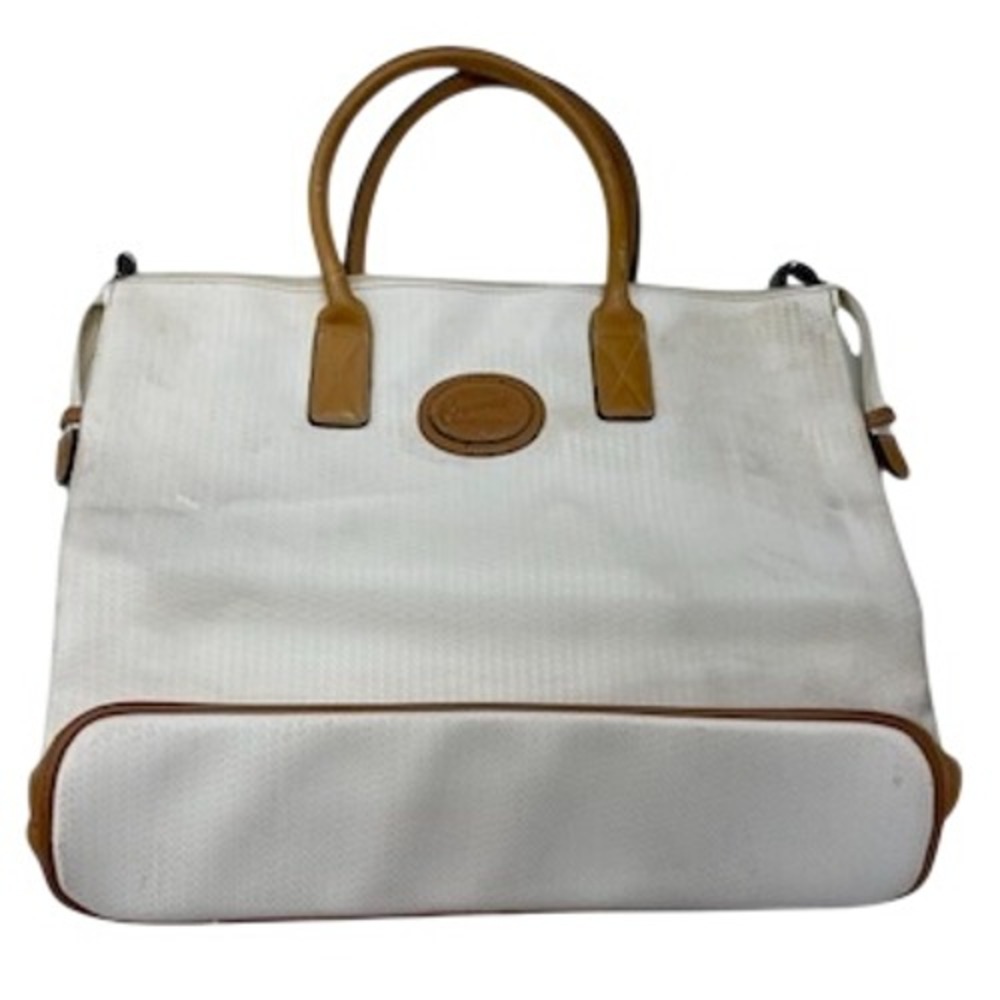 Ricardo Beverly Hills Vintage Tote Bag White Tan‎ Leather Trim Large Travel Zip